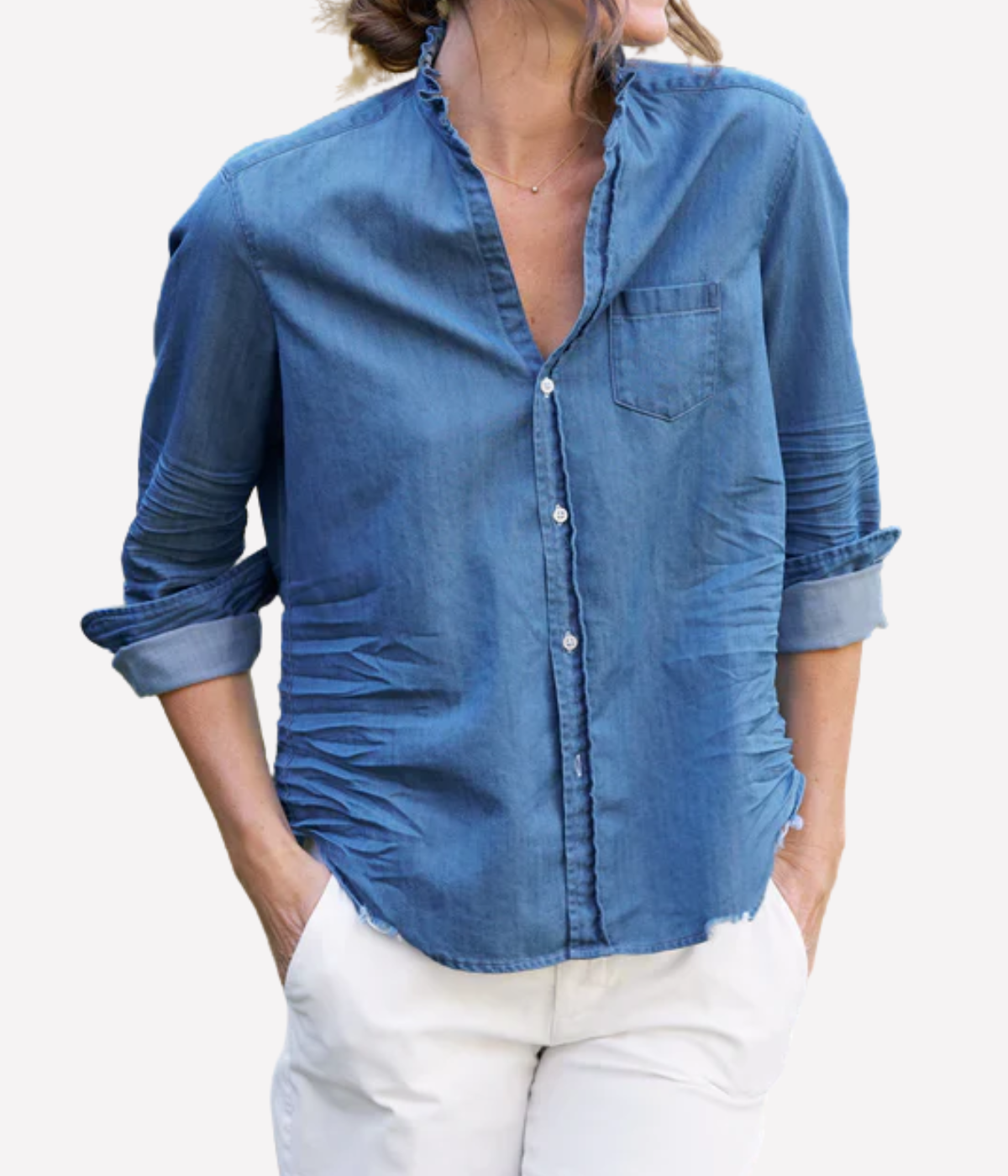 Ruffle Eileen Woven Button Up in Vintage Stonewash Indigo
