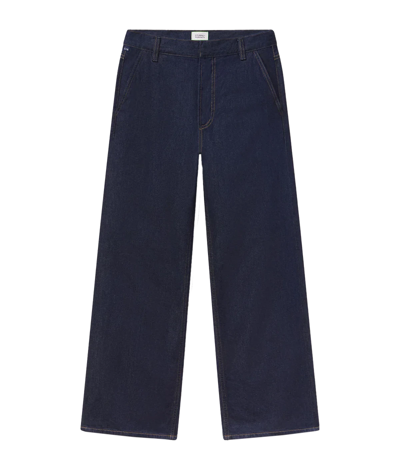 Citizens of Humanity Annina Pocket Trouser in Jones – Flat lay view highlighting high-rise tailored silhouette and classic trouser detailing in dark indigo denim.