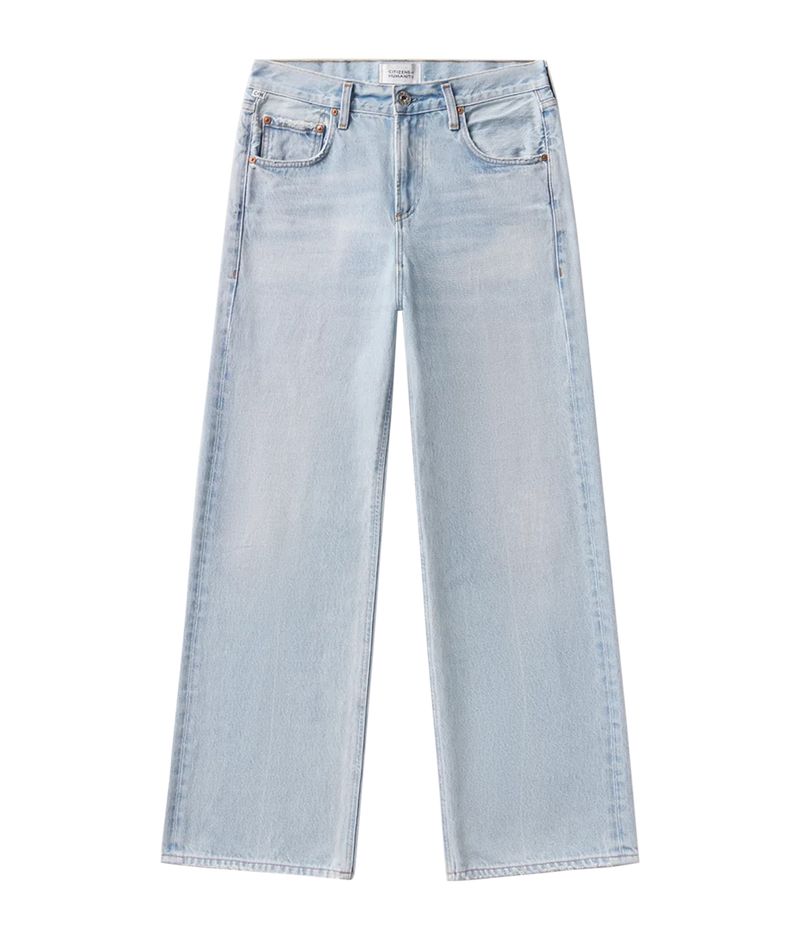 Light wash blue denim jeans with a straight, slightly flared leg, shown flat against a solid white background.