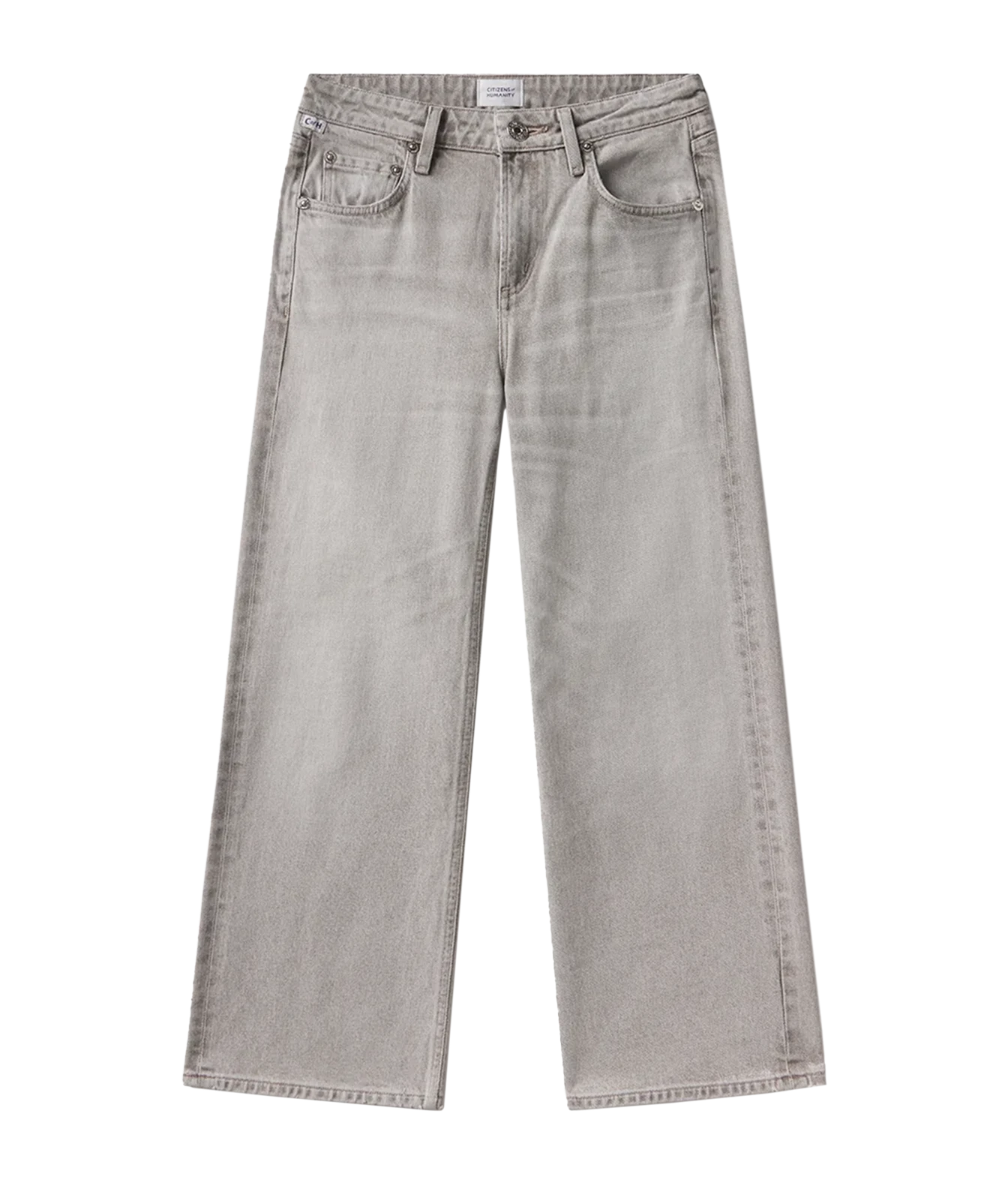 A pair of light gray wide-leg denim jeans shown flat against a solid white background.