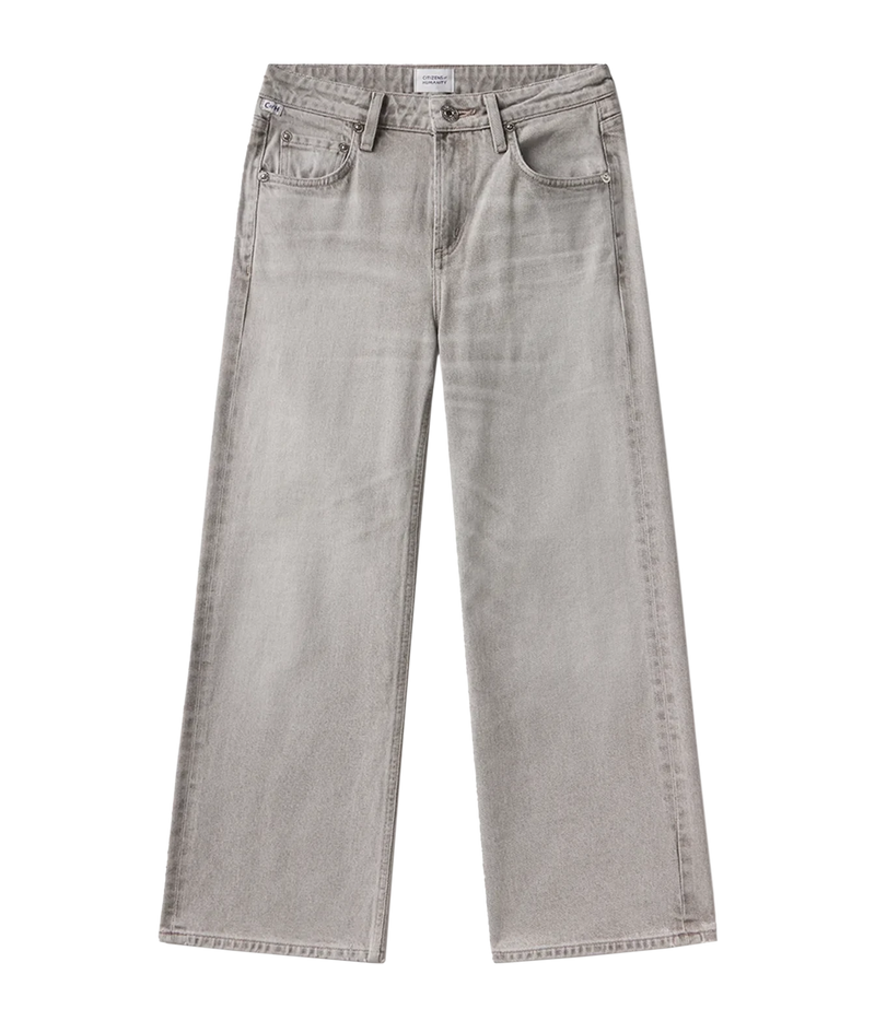 A pair of light gray wide-leg denim jeans shown flat against a solid white background.