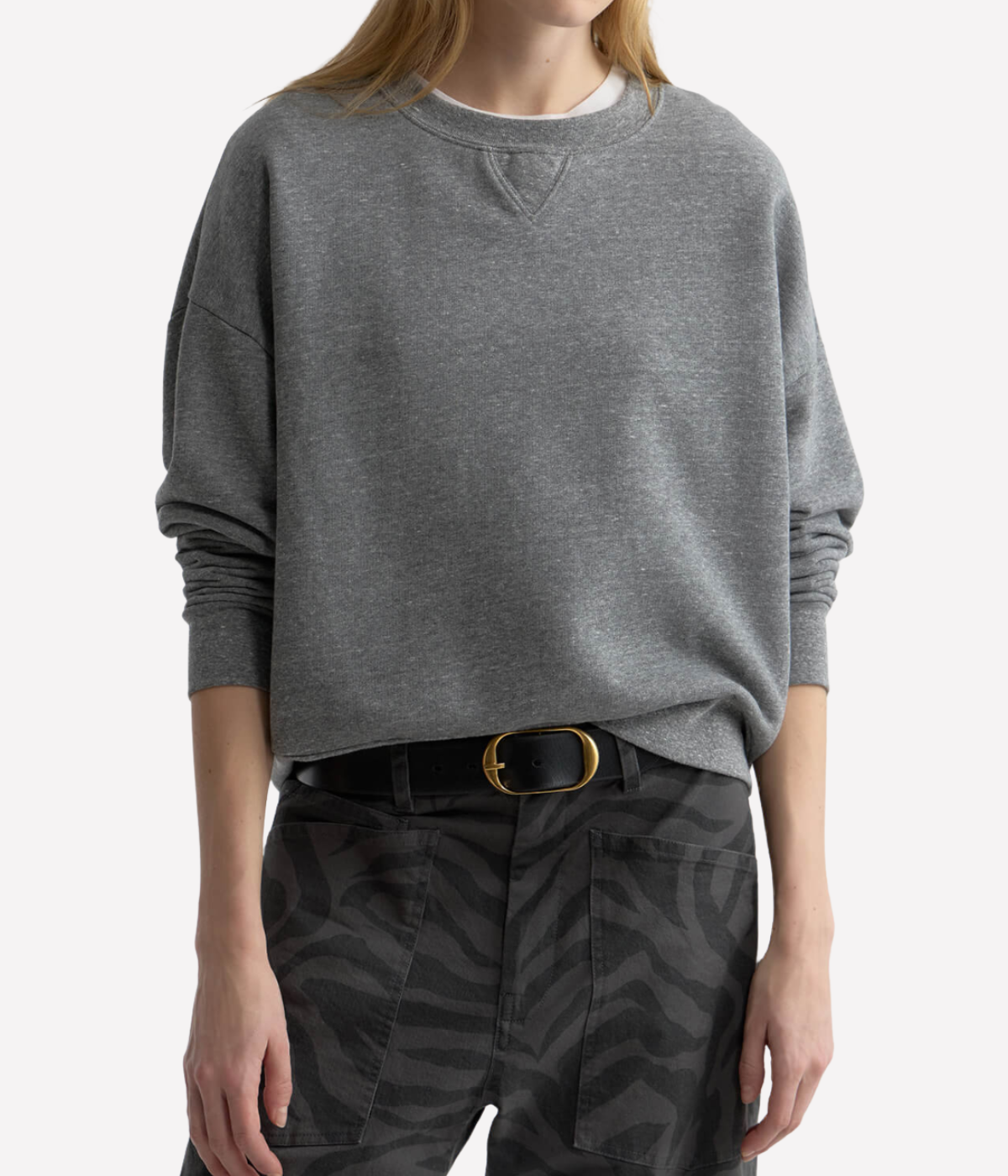 Nili Lotan Gladys Sweatshirt in Heather Grey worn on model, upper body front view of oversized crewneck sweatshirt with dropped shoulders and relaxed silhouette.