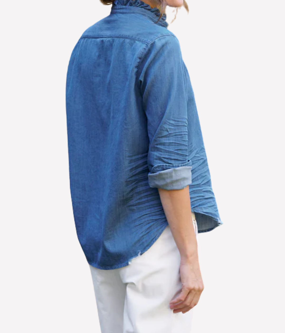 Ruffle Eileen Woven Button Up in Vintage Stonewash Indigo