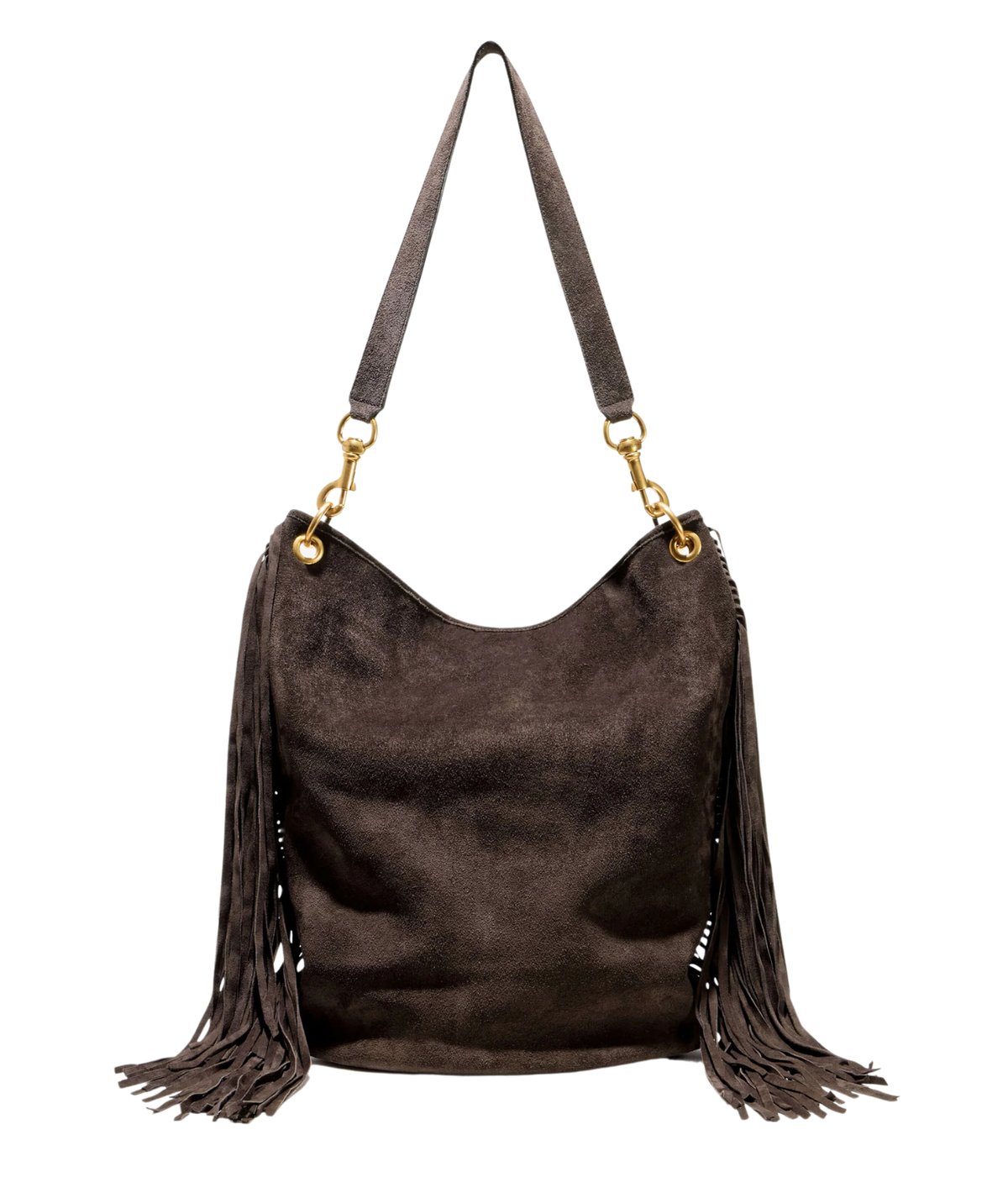 A dark brown suede hobo bag with long fringe detailing on the sides and a matching shoulder strap, accented by gold-tone hardware, shown against a plain white background.
