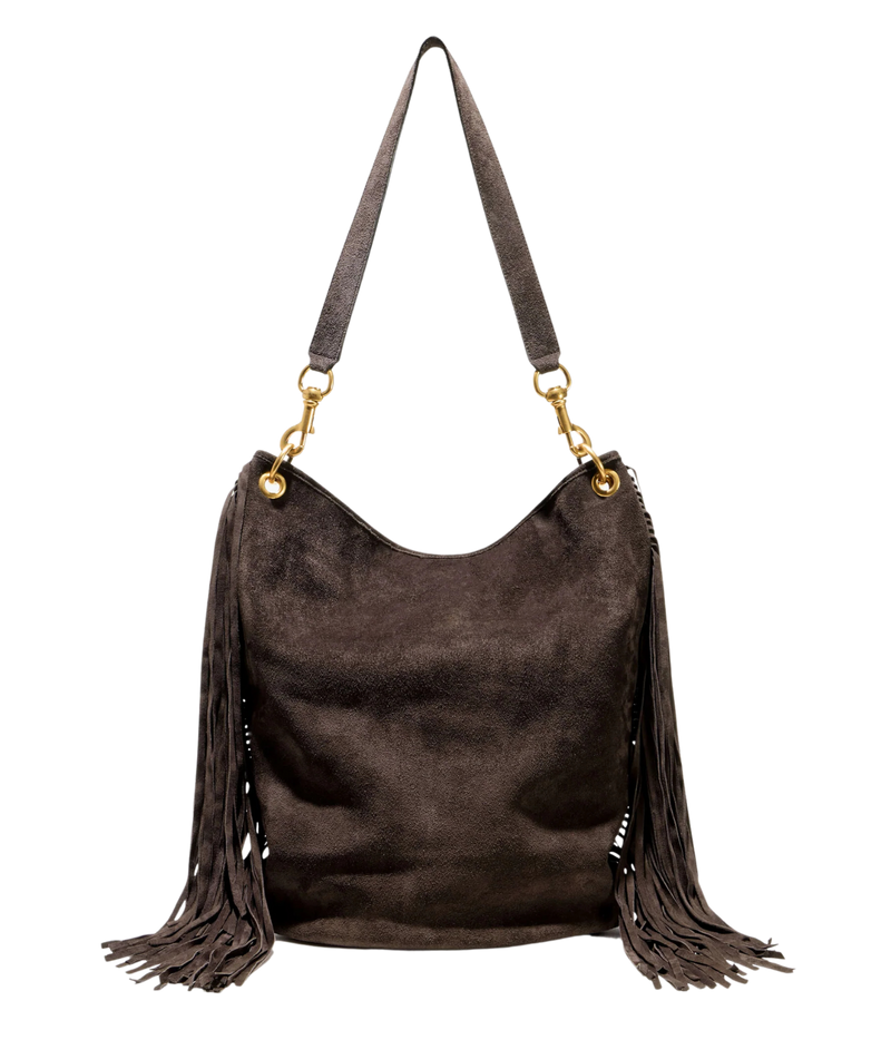 A dark brown suede hobo bag with long fringe detailing on the sides and a matching shoulder strap, accented by gold-tone hardware, shown against a plain white background.