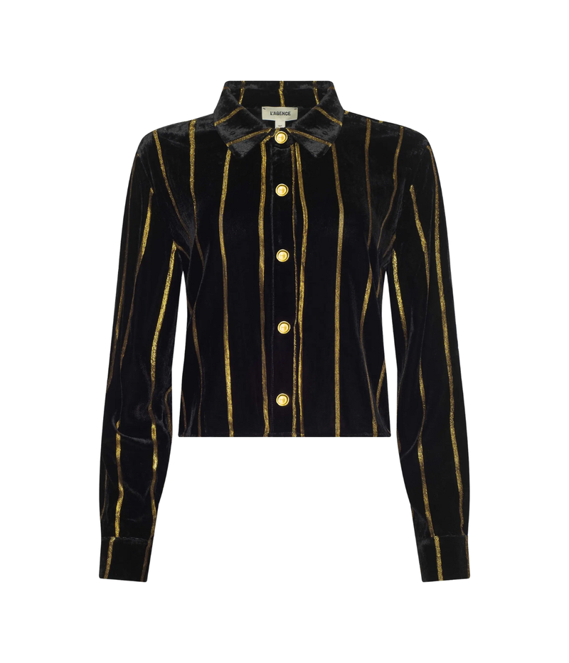 Cosette Crop Hi Low Shirt In Black Gold Stripe