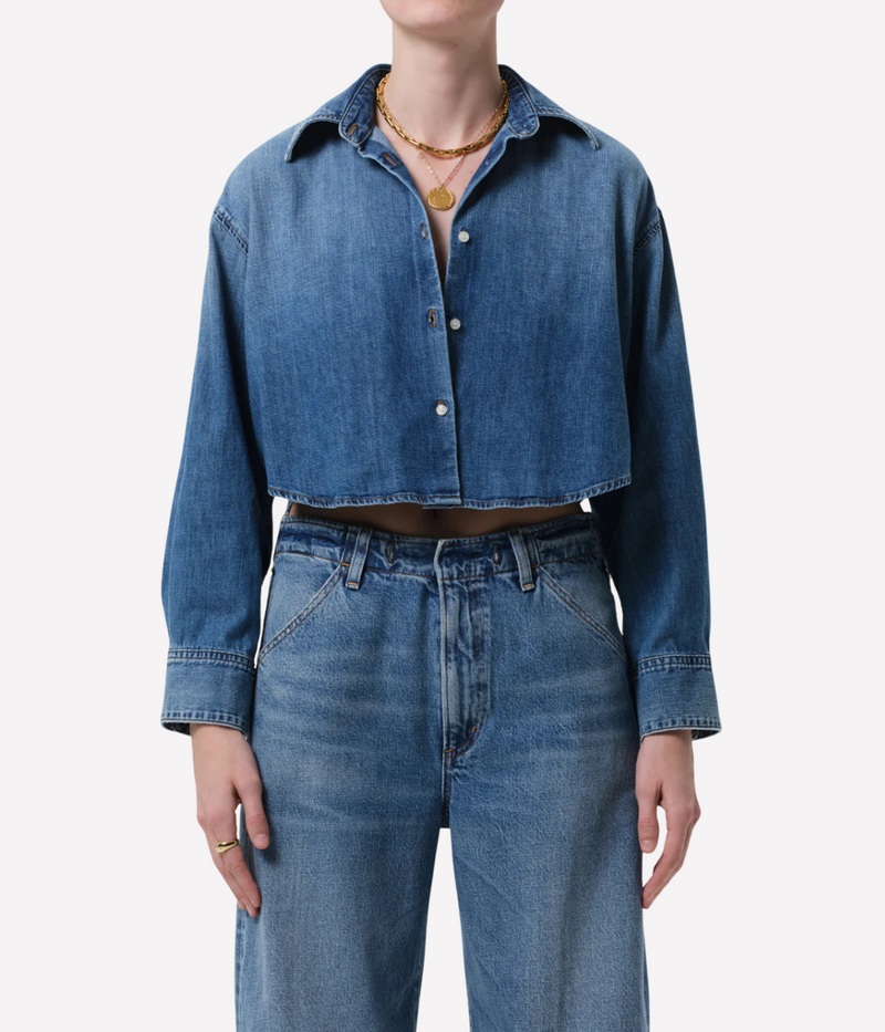 Citizens of Humanity Ana Cropped Shirt in Somerset worn on model, upper body studio shot of cropped button-down shirt showing front fit and structure
