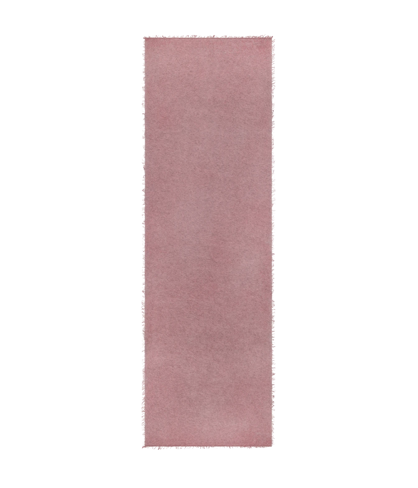 A rectangular dusty rose runner rug with frayed edges, shown flat against a solid white background.