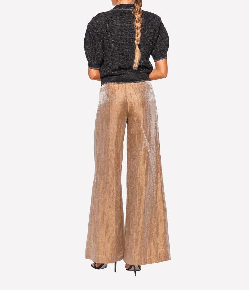 A woman shown from the back wearing a black short-sleeve knit top and metallic champagne-colored wide-leg pants