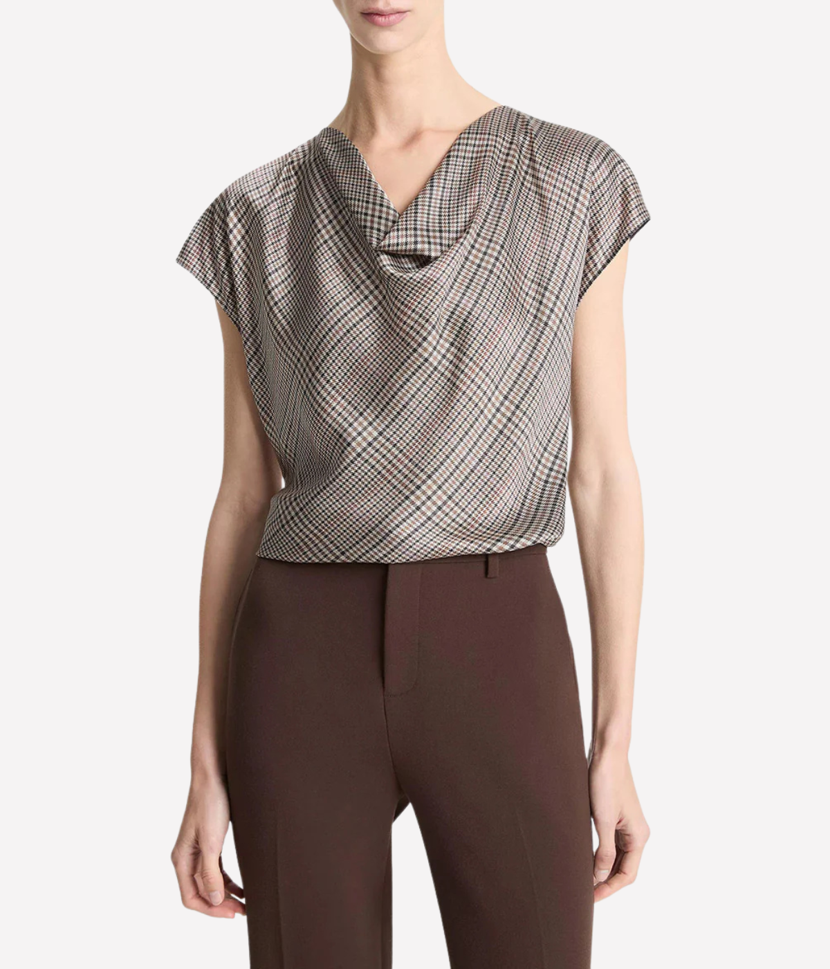 Pressed Plaid Cowl Neck Cap Sleeve in Multi Plaid