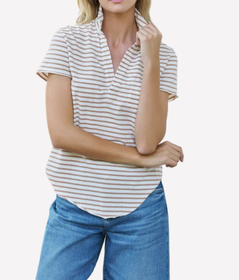 Charlotte Perfect Polo in Vintage White Camel Stripe