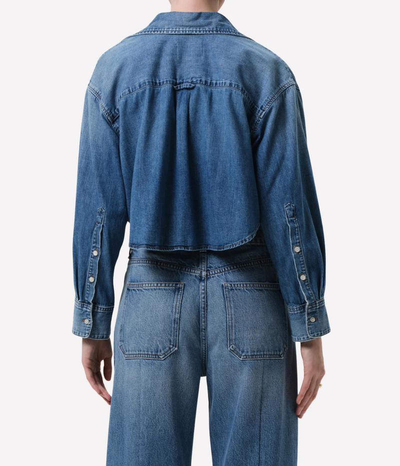 Citizens of Humanity Ana Cropped Shirt in Somerset worn on model, upper body back view showing cropped shirt fit and silhouette