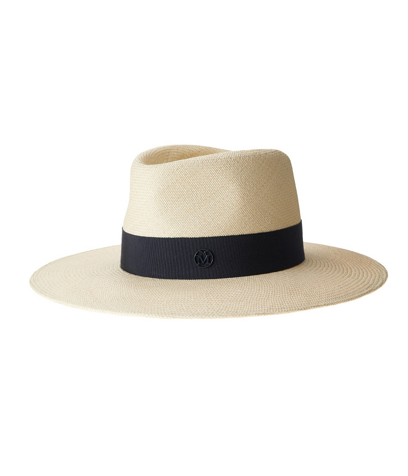 Maison Michel Charles Timeless Hat In Navy, side view of the natural straw fedora with a navy grosgrain band