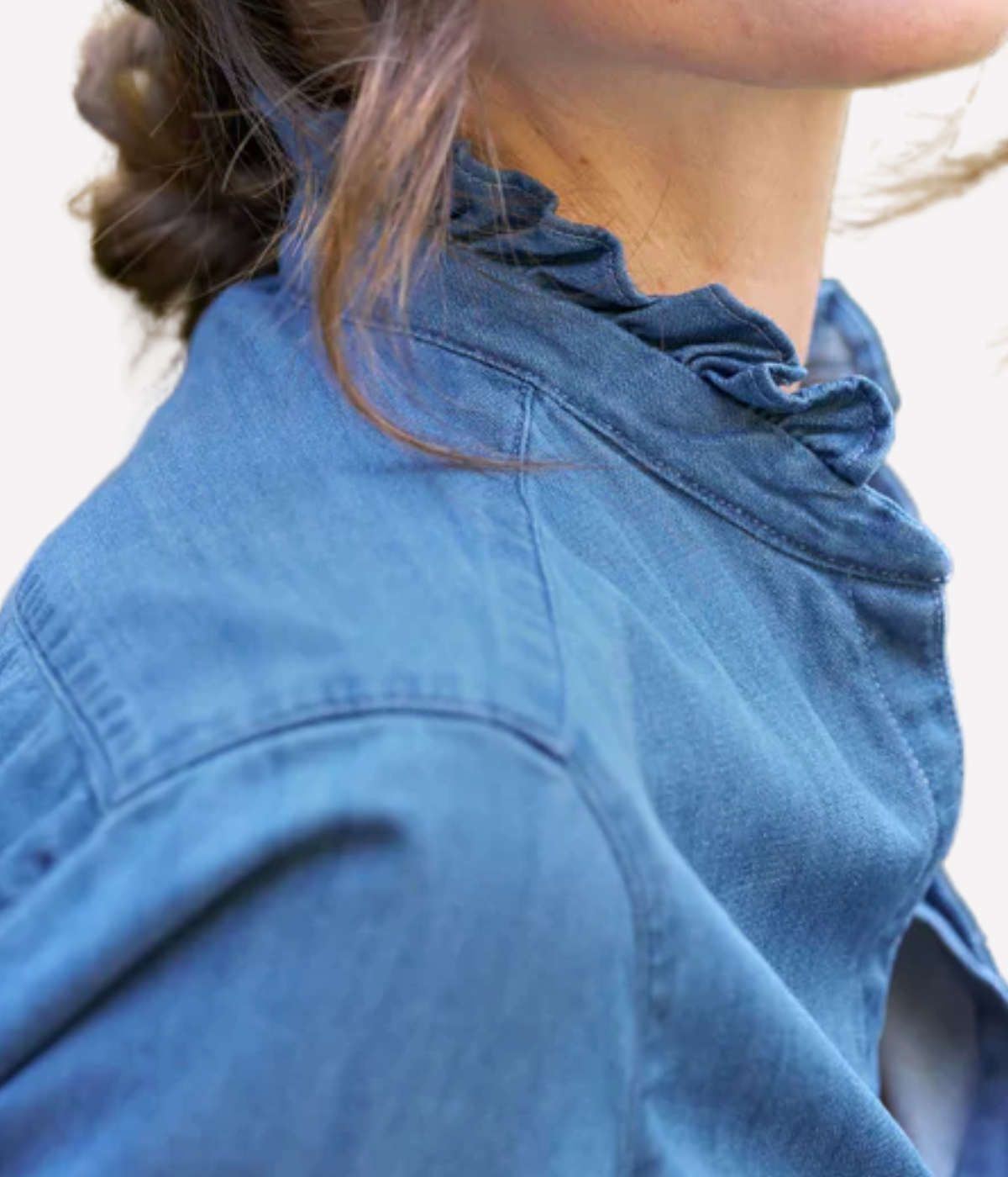 Ruffle Eileen Woven Button Up in Vintage Stonewash Indigo
