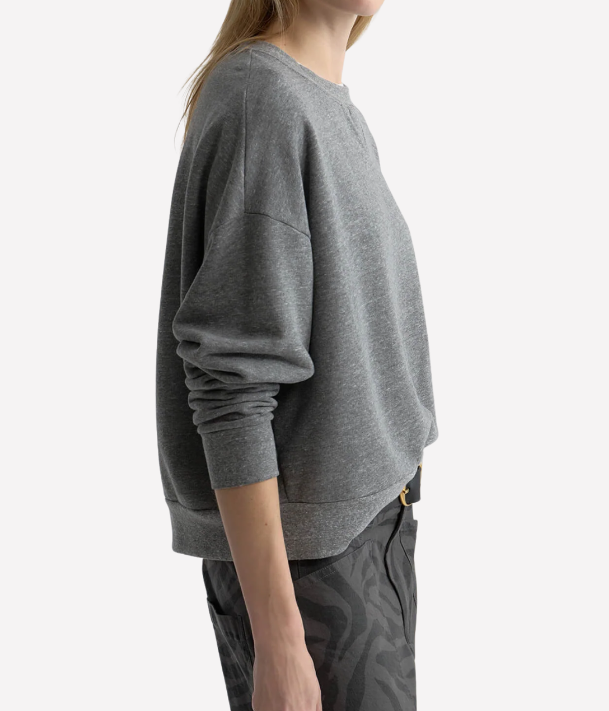Nili Lotan Gladys Sweatshirt in Heather Grey worn on model, upper body side view highlighting oversized fit, medium-weight drape, and relaxed dropped shoulder shape.