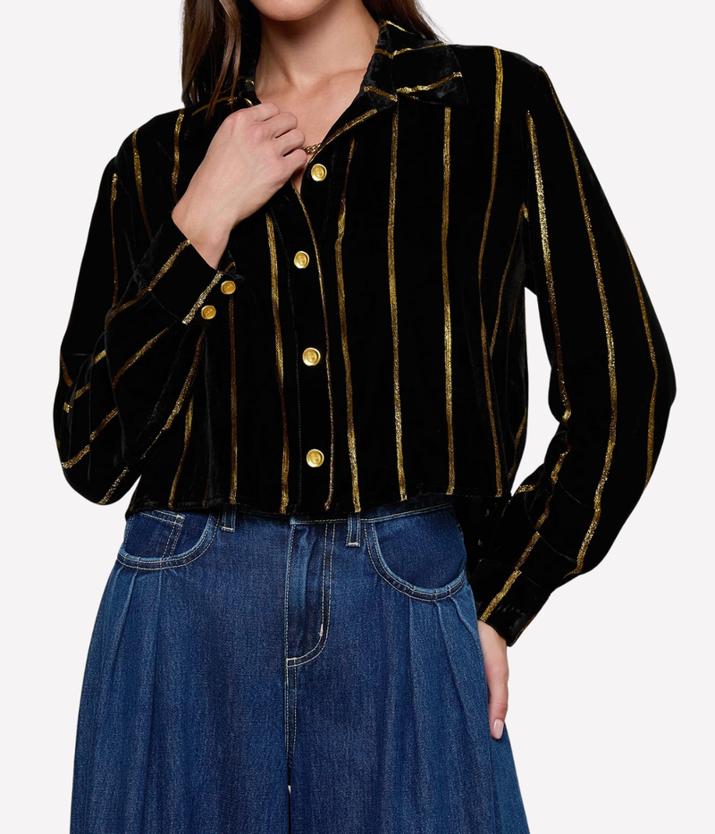 Cosette Crop Hi Low Shirt In Black Gold Stripe