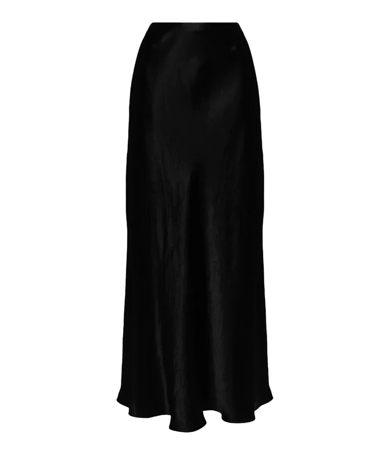 Vince black satin maxi skirt with high waist and elasticated waistband, made from sustainable Naia™ cellulosic fibre – elegant women’s occasionwear.