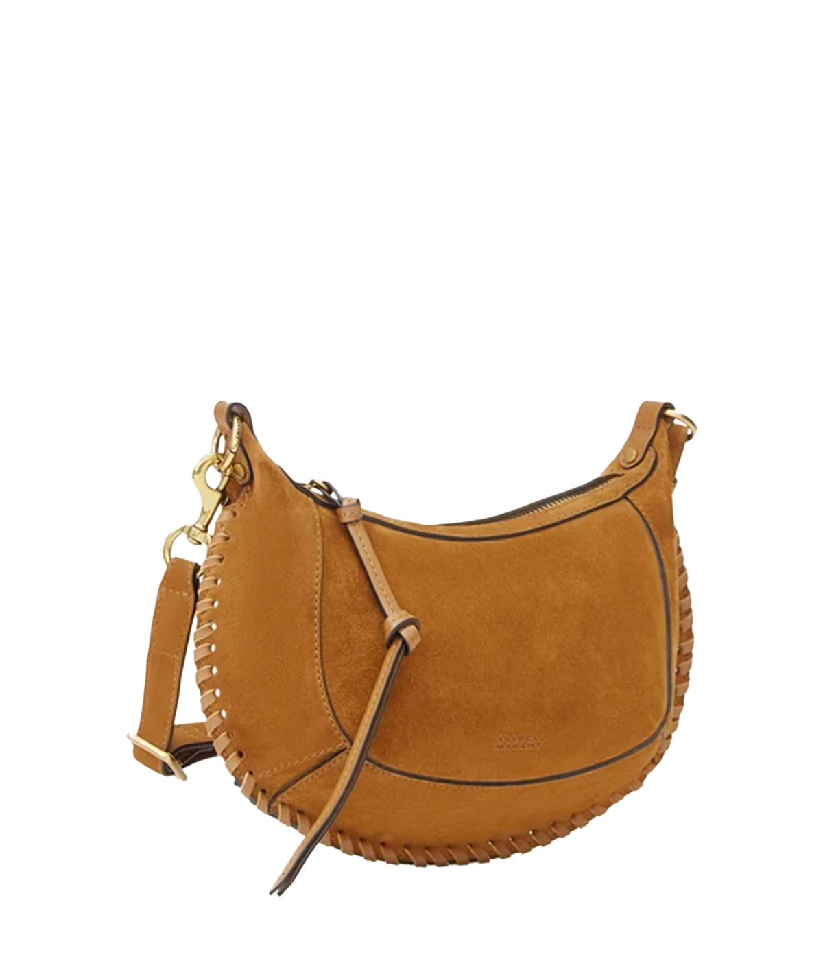Oskan moon shoulder bag in braided suede calfskin leather - A tan suede crescent-shaped shoulder bag with whipstitching along the edges, a matching leather strap, and gold-tone hardware