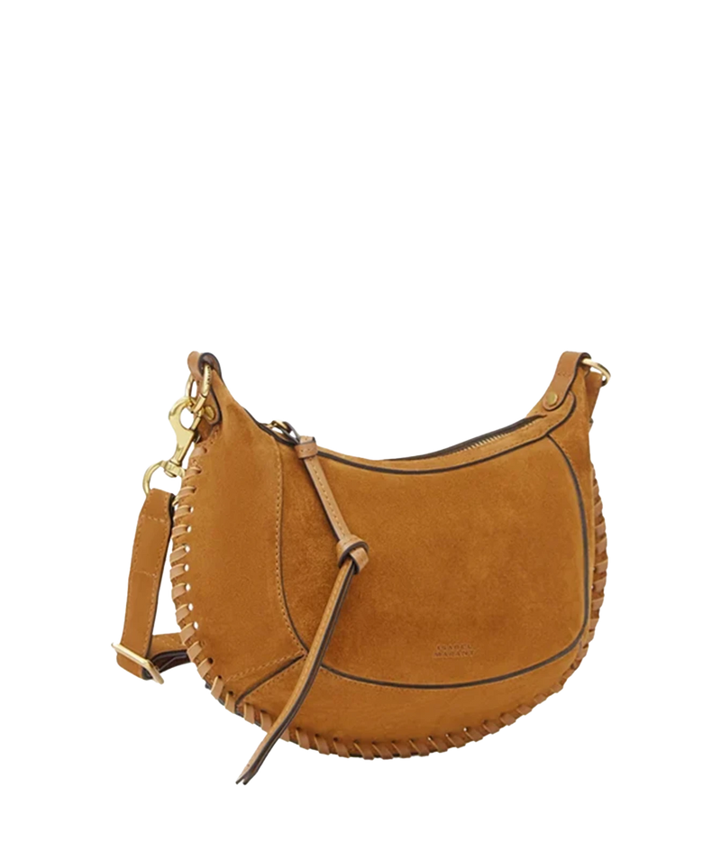 Oskan moon shoulder bag in braided suede calfskin leather - A tan suede crescent-shaped shoulder bag with whipstitching along the edges, a matching leather strap, and gold-tone hardware