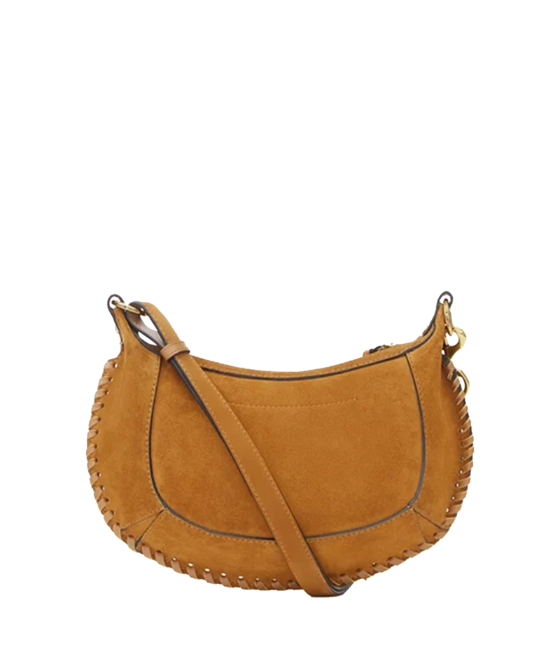 Oskan moon shoulder bag in braided suede calfskin leather - A crescent-shaped suede shoulder bag in a warm camel tan colour, featuring a matching adjustable strap, gold-tone hardware, and decorative whipstitching