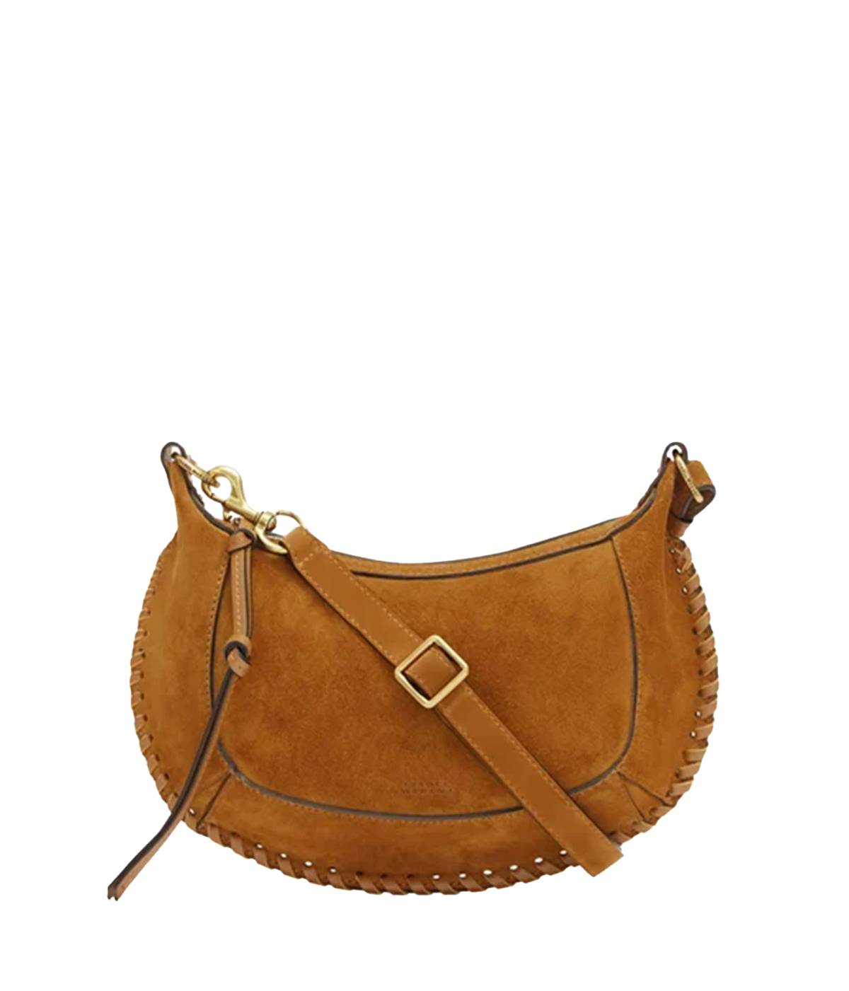 Oskan moon shoulder bag in braided suede calfskin leather - A tan suede crescent-shaped shoulder bag with braided trim, a matching adjustable strap, and gold-tone hardware