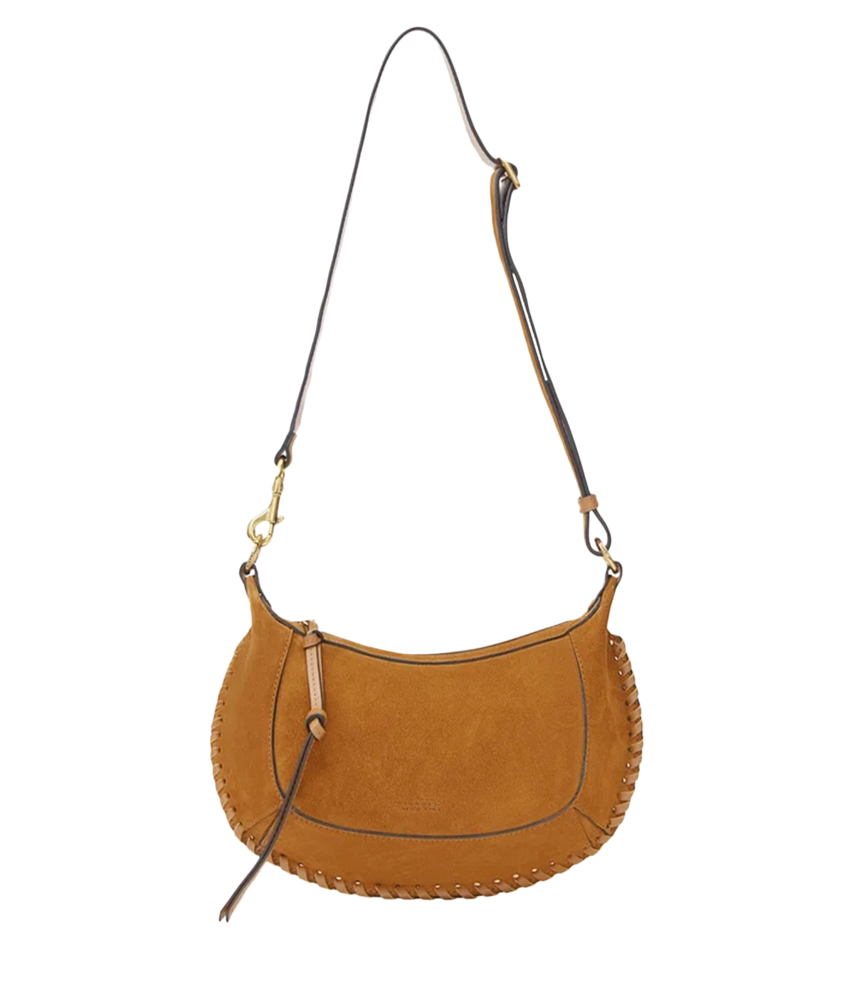 Oskan moon shoulder bag in braided suede calfskin leather - A tan suede crescent-shaped shoulder bag with a long strap, gold-tone hardware, and decorative stitching