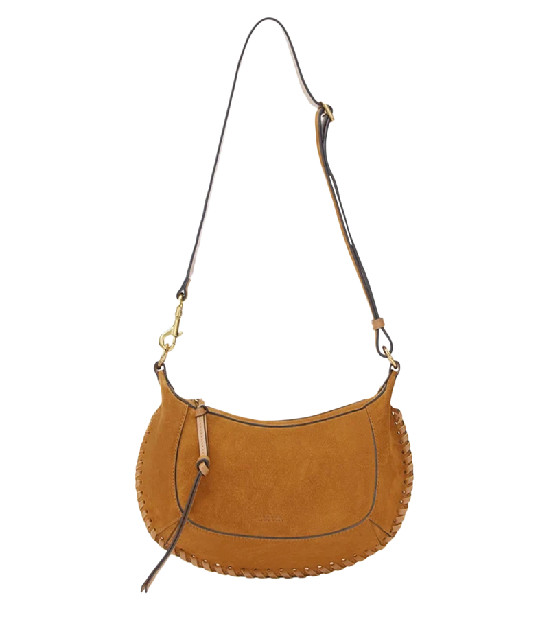 Oskan moon shoulder bag in braided suede calfskin leather - A tan suede crescent-shaped shoulder bag with a long strap, gold-tone hardware, and decorative stitching