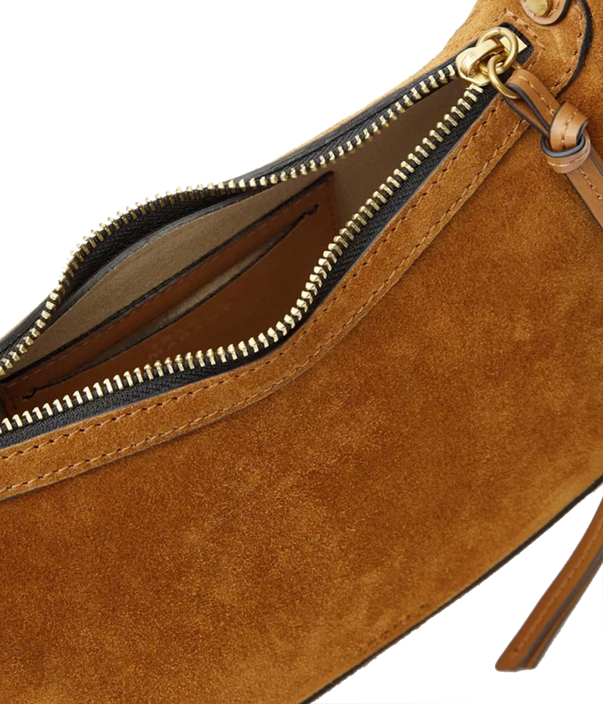 Close-up of Oskan moon shoulder bag in braided suede calfskin leather - with a gold zipper and gold-tone hardware