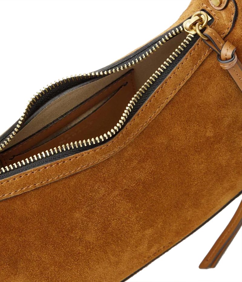 Close-up of Oskan moon shoulder bag in braided suede calfskin leather - with a gold zipper and gold-tone hardware