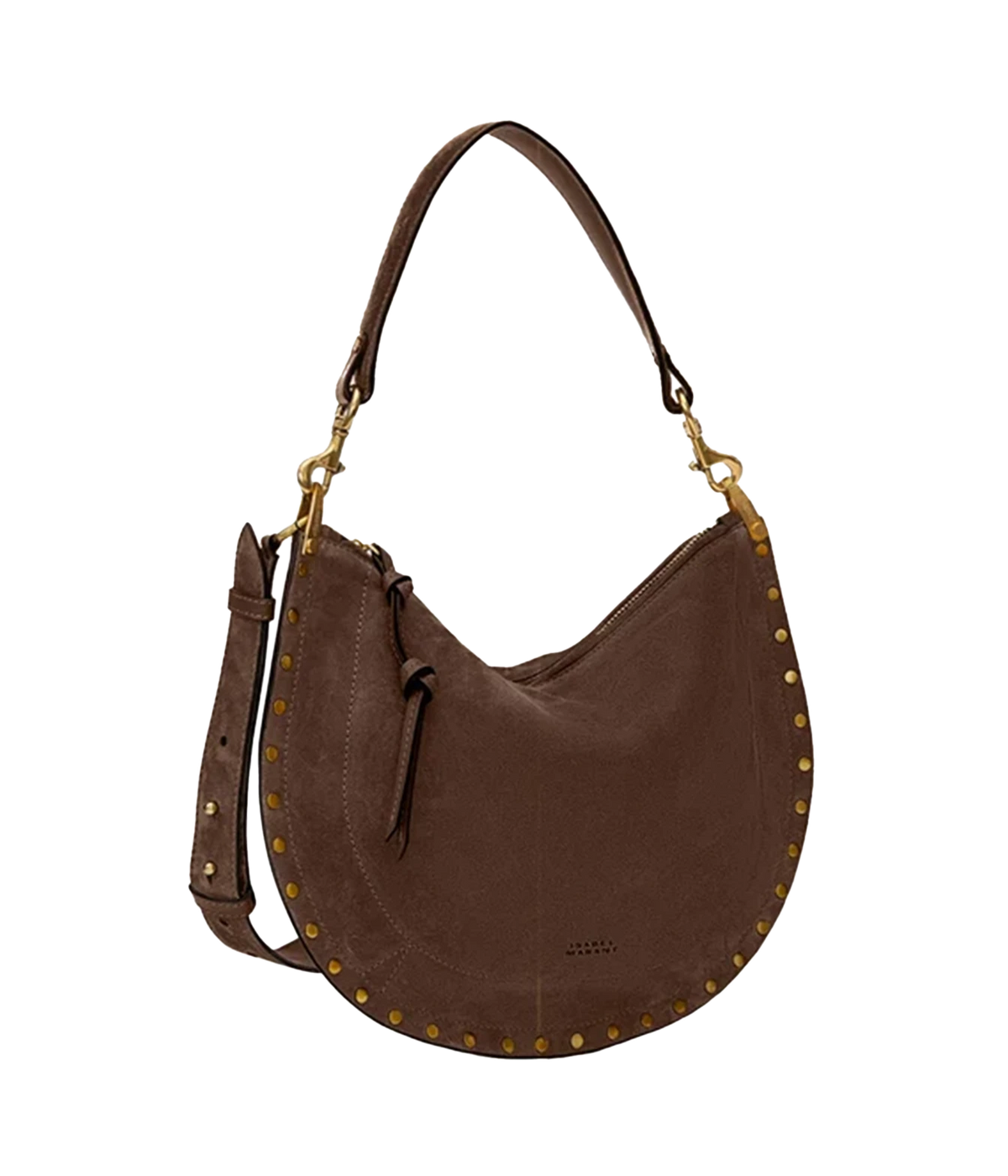 Oskan Soft Zip Bag in Suede Leather - A dark brown suede crescent-shaped shoulder bag with gold-tone studs along the edge and a matching brown leather strap