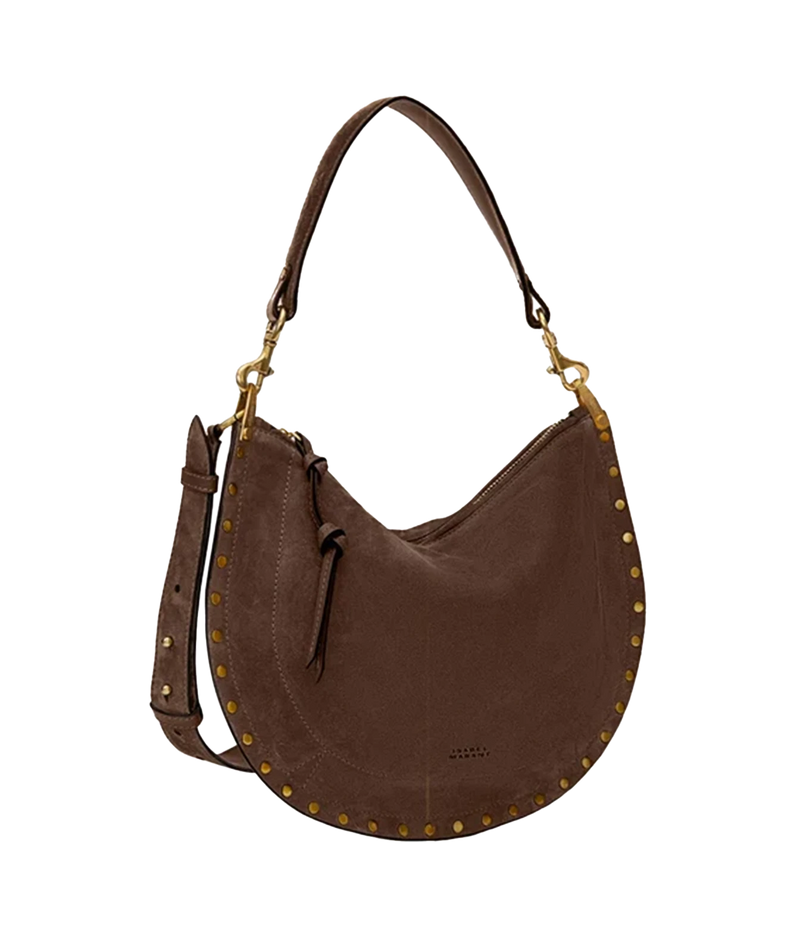 Oskan Soft Zip Bag in Suede Leather - A dark brown suede crescent-shaped shoulder bag with gold-tone studs along the edge and a matching brown leather strap