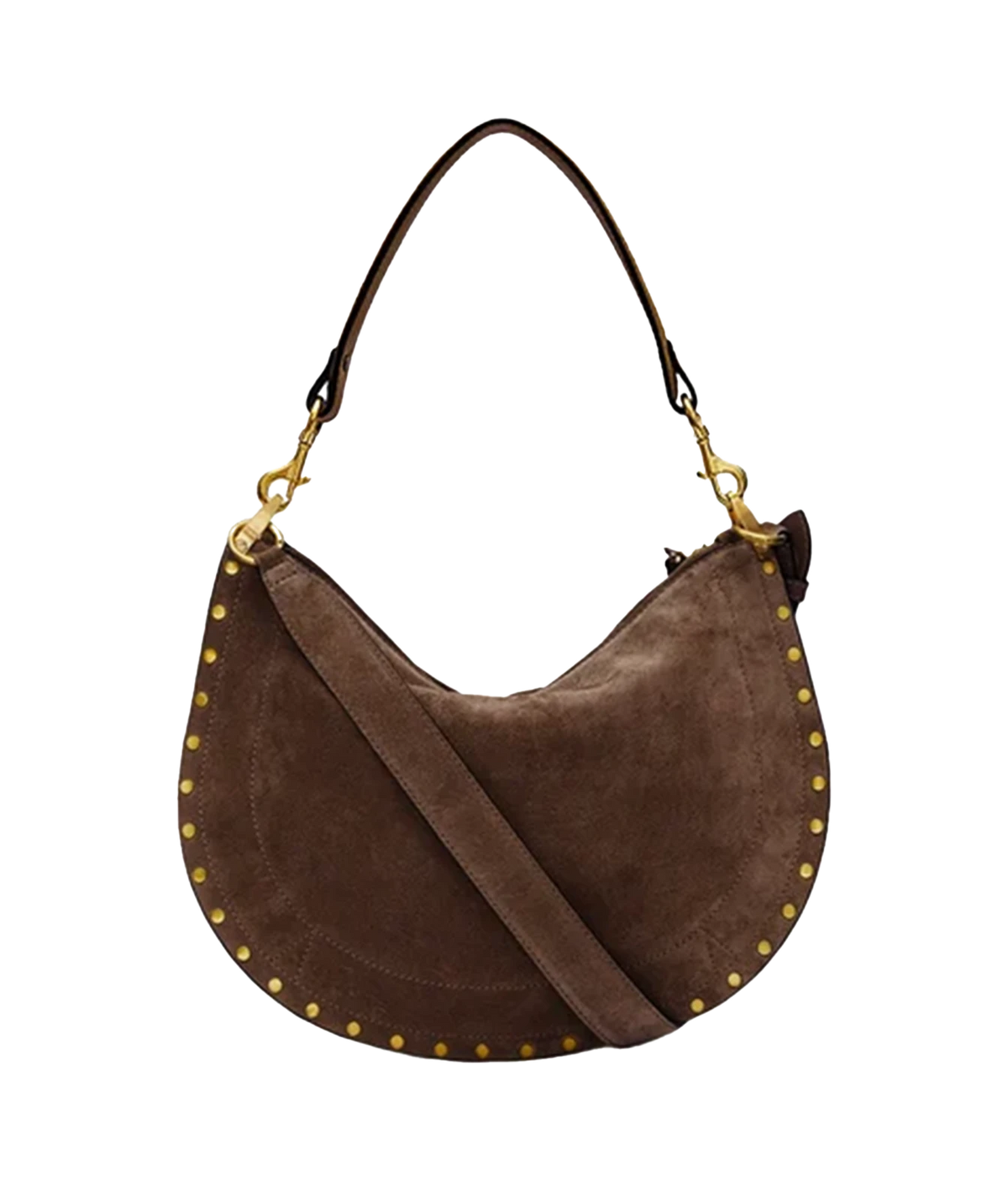 Oskan Soft Zip Bag in Suede Leather - A dark brown suede crescent-shaped shoulder bag with gold-tone studs along the edge and a matching brown leather strap