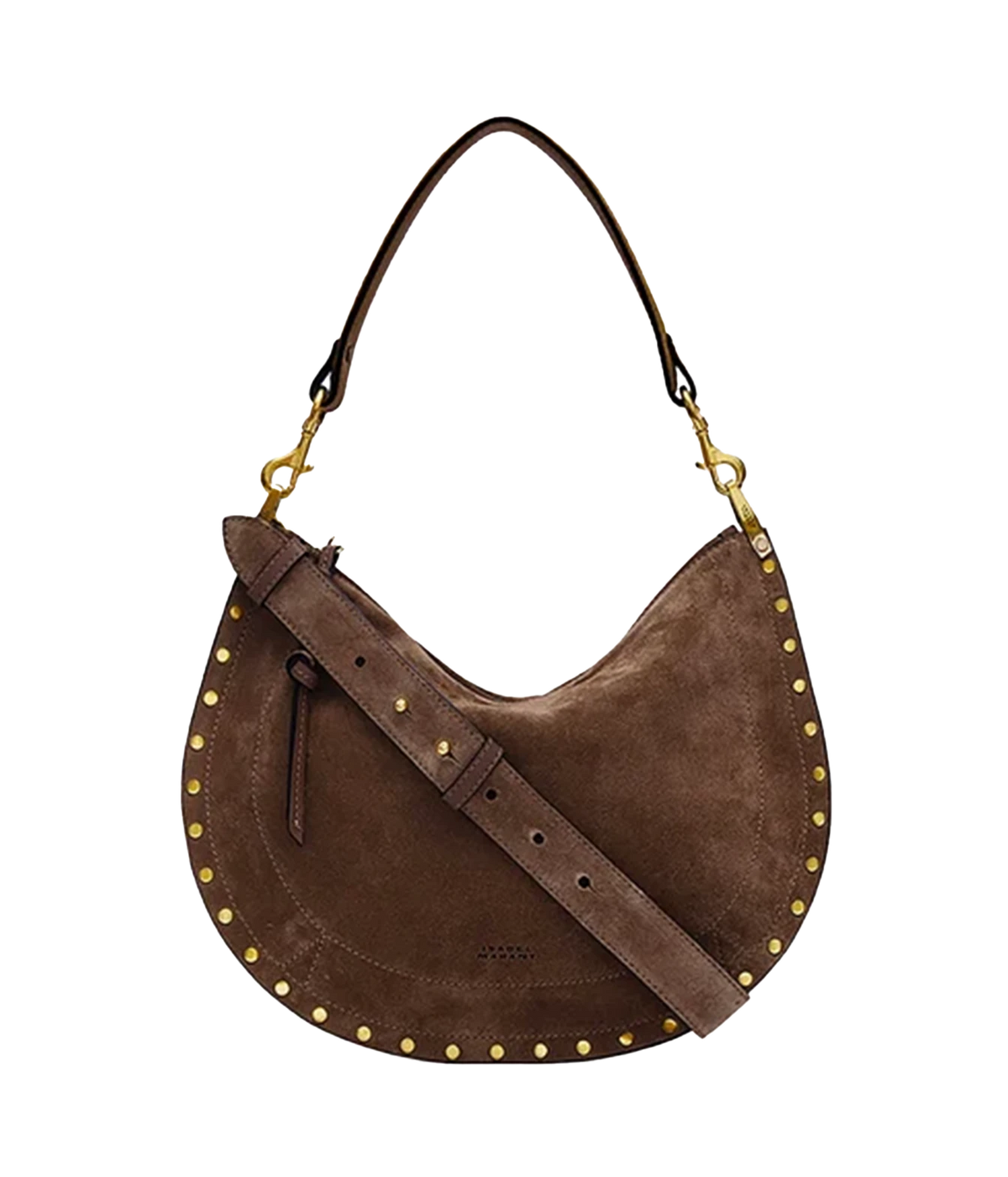 Oskan Soft Zip Bag in Suede Leather - A brown suede crescent-shaped shoulder bag with gold-tone studs along the edge, a matching adjustable shoulder strap, and gold hardware
