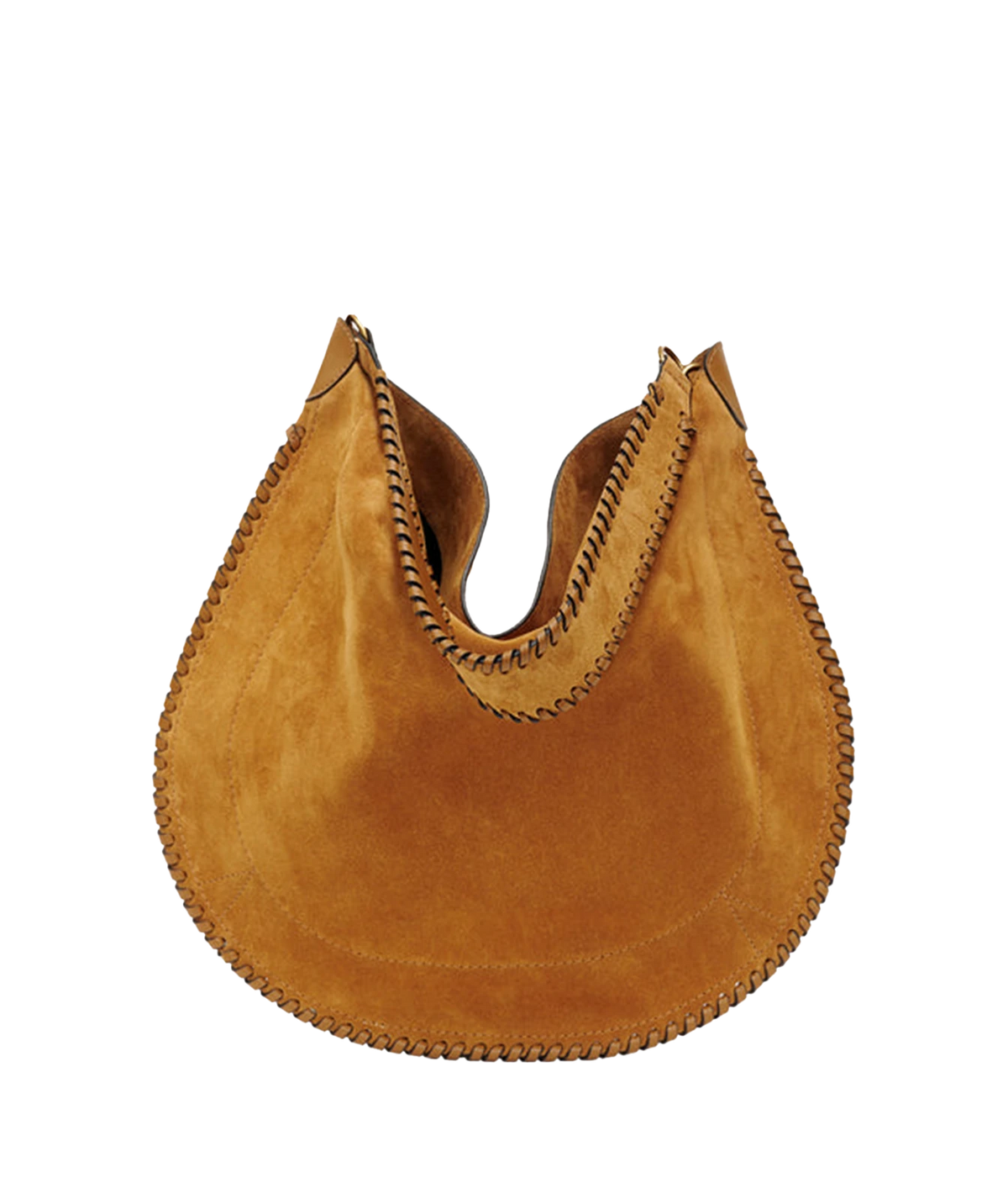 A camel brown suede crescent shoulder bag with decorative whipstitching along the edges - Oskan Hobo Soft Bag In Cognac