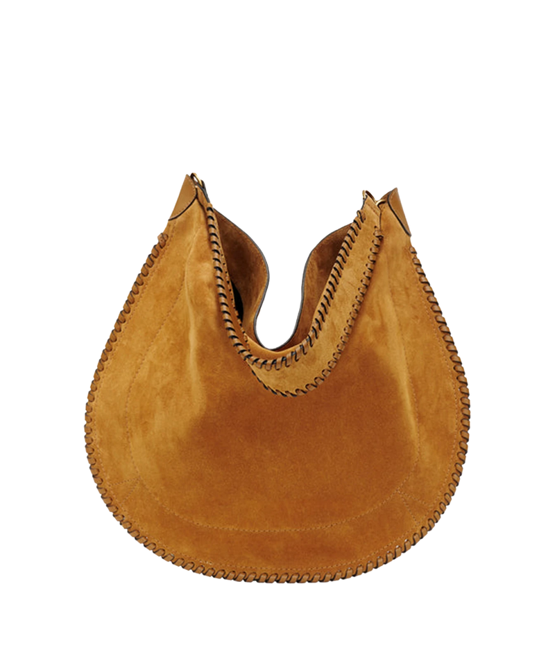 A camel brown suede crescent shoulder bag with decorative whipstitching along the edges - Oskan Hobo Soft Bag In Cognac