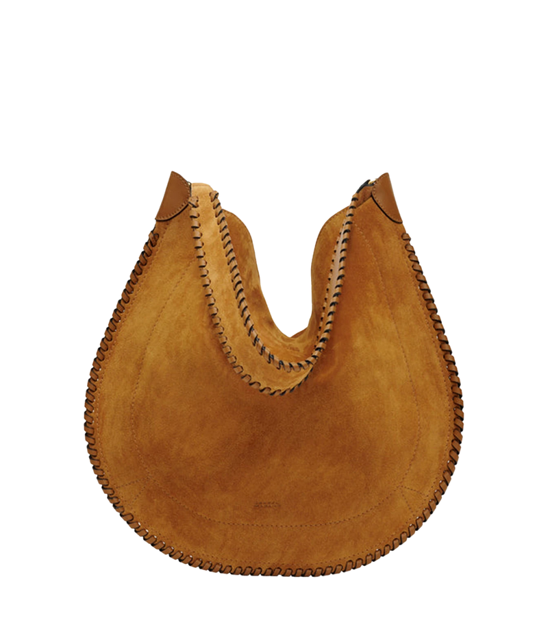 Isabel Marant Oskan Hobo Soft Bag in Cognac, detail view highlighting the suede calfskin and braided leather detailing.