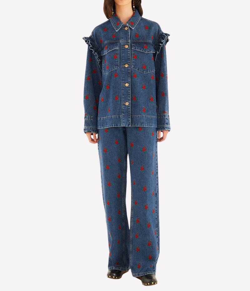 Flower Embroidered Denim Shirt in DENIM