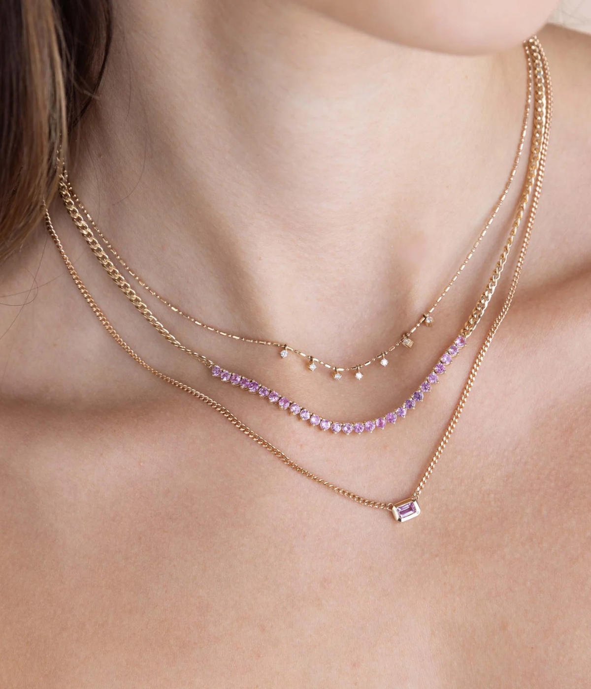 Bezel Set Pink Sapphire Necklace in 14k Yellow Gold