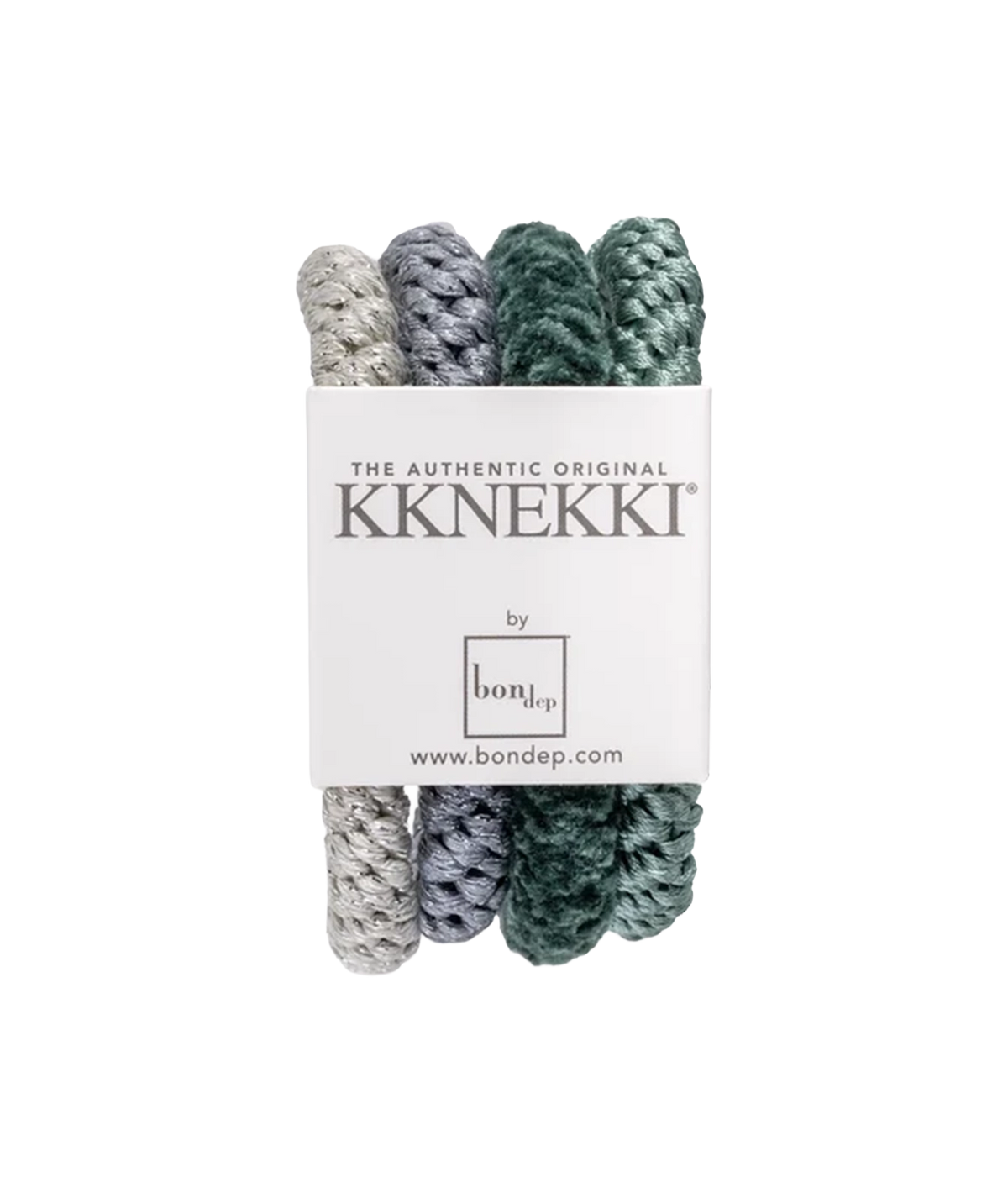 A set of four KKNEKKI braided hair ties in multi blue colours