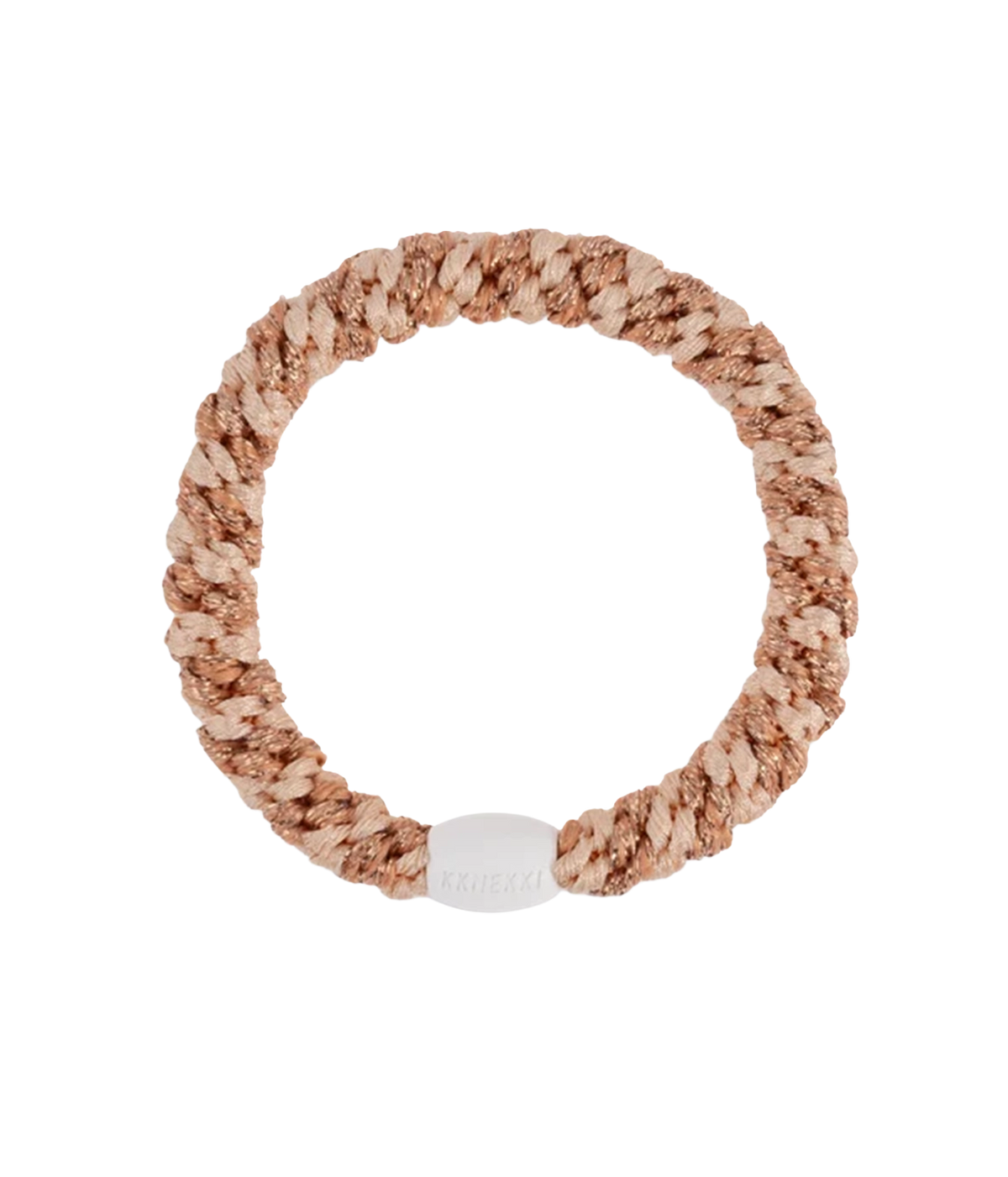 A multi coloured beige braided hair band with a smooth plastic bead with KKNEKKI writing
