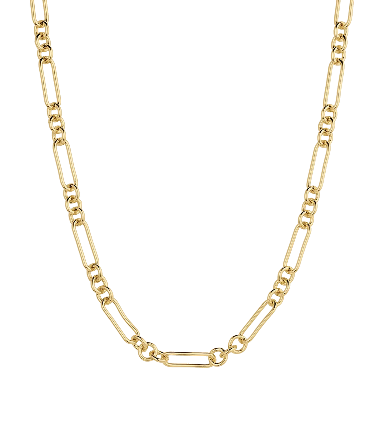 Gorjana Reed Link Necklace in Yellow Gold laid flat, showing the long elongated links alternating with clusters of smaller round links