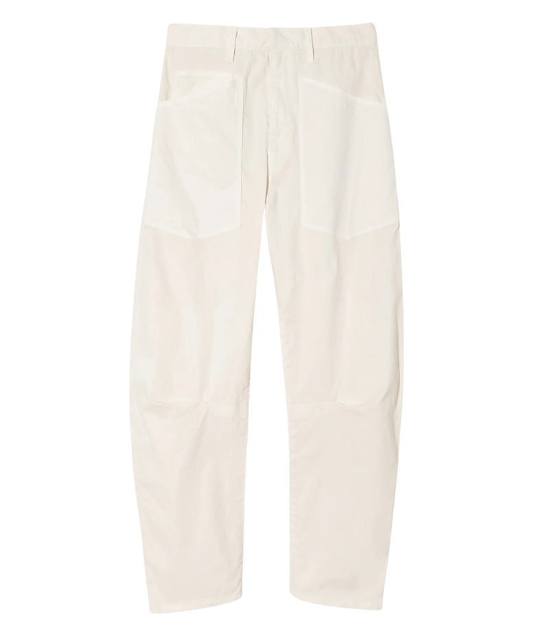 Nili Lotan Shon Pant in Stone, flat lay view of mid-rise barrel leg pants