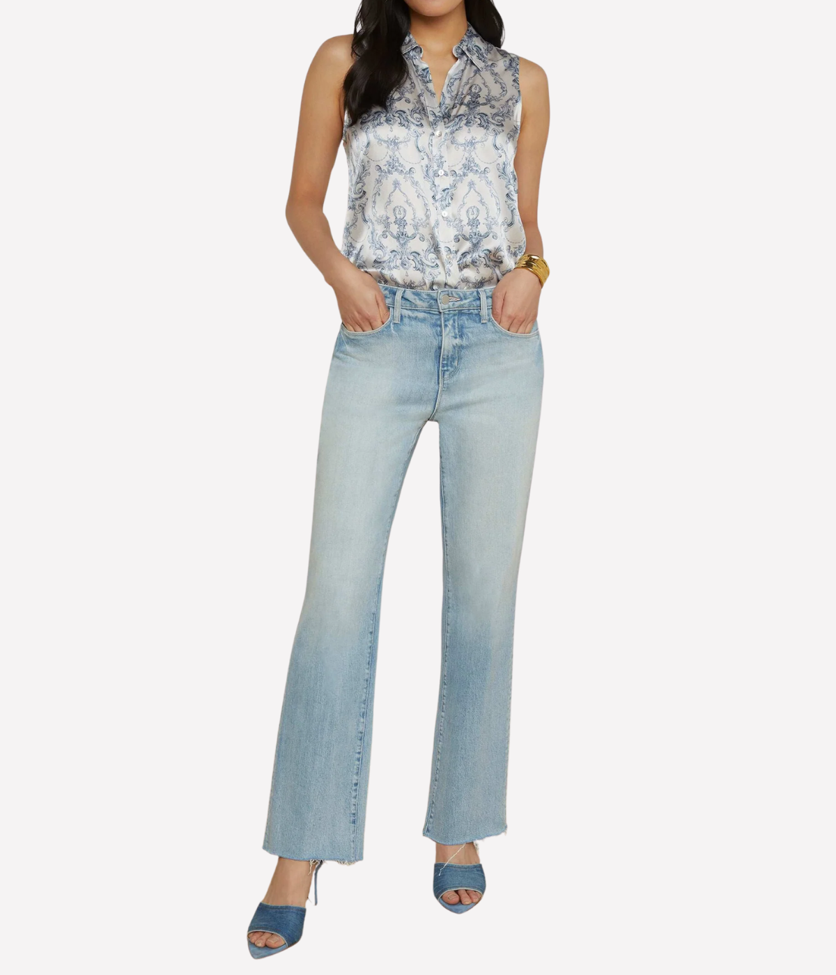 Emmy Sleeveless Blouse in Blue Scroll Toile