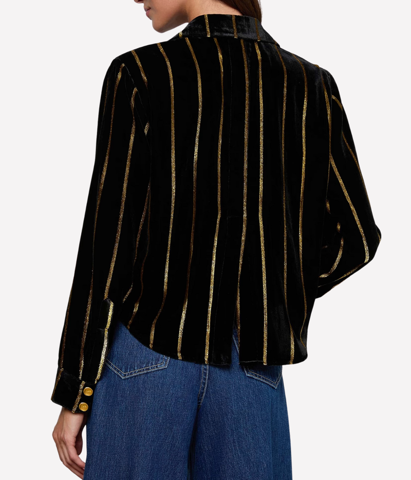Cosette Crop Hi Low Shirt In Black Gold Stripe