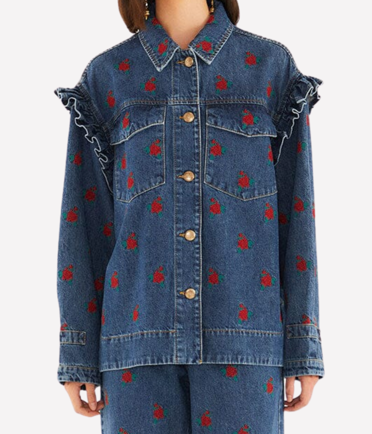 Flower Embroidered Denim Shirt in DENIM
