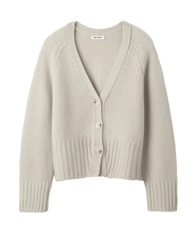 Chunky knit v-neck cashmere cardigan by Soft Goat in a relaxed fit with button-down front – luxury women’s knitwear.