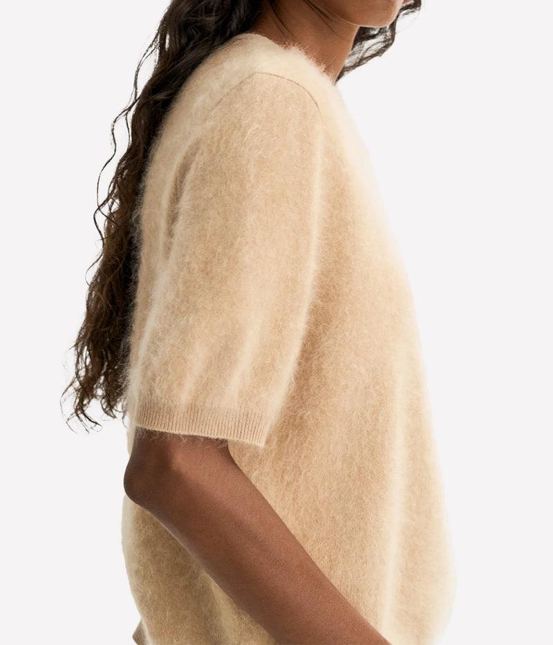 Soft Goat Brushed Short Sleeve in Camel – Side Profile