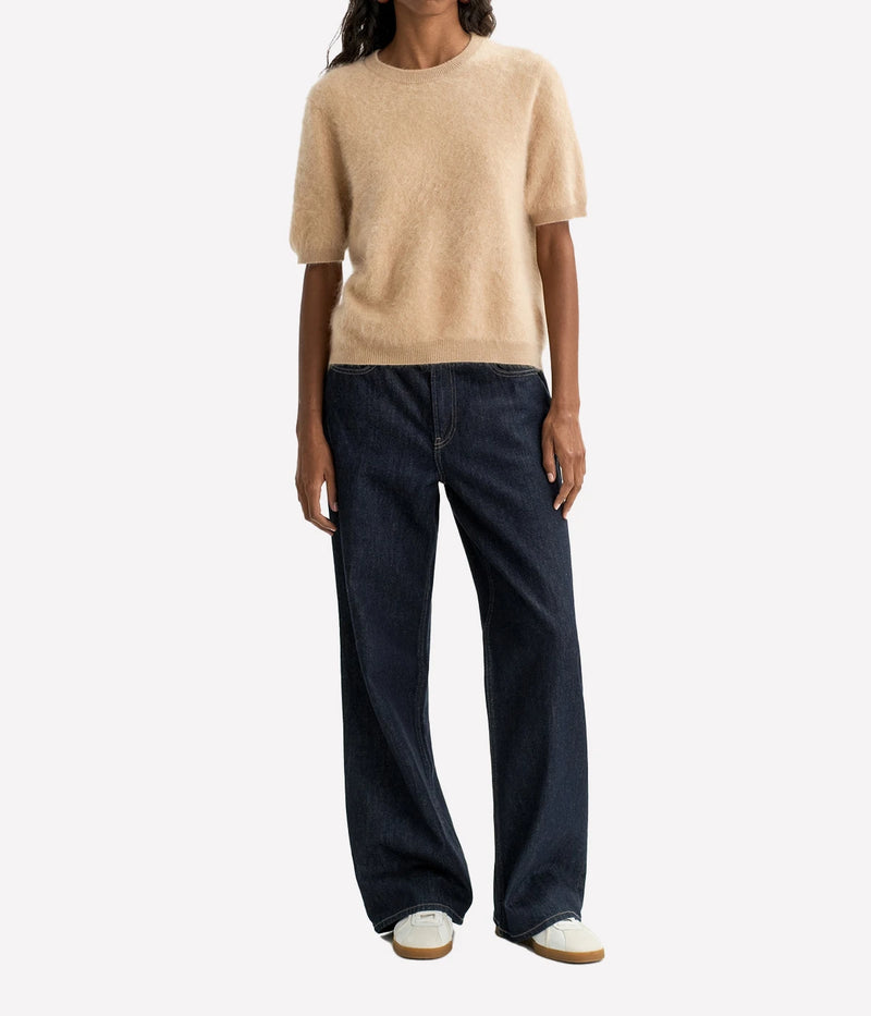 Soft Goat Brushed Short Sleeve in Camel – Full Model View