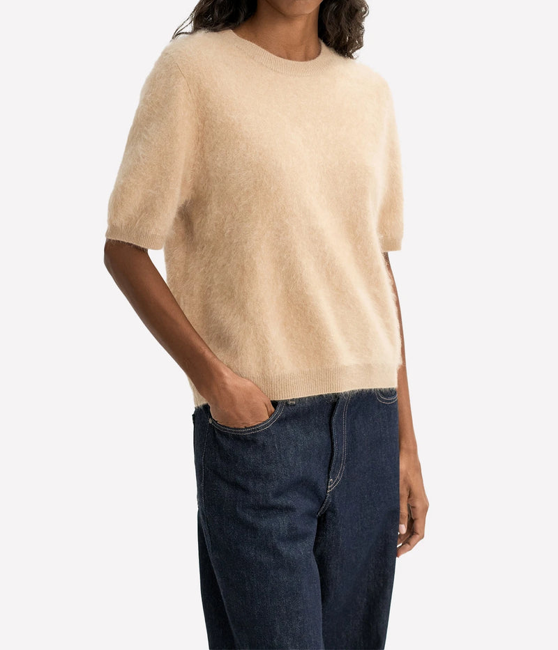 Soft Goat Brushed Short Sleeve in Camel – Front View