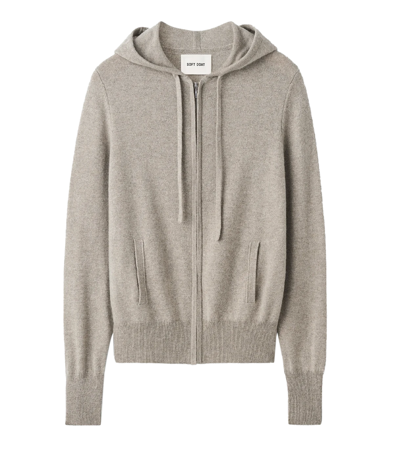 Soft Goat Cashmere Zip Hoodie in Greige – Flat Lay